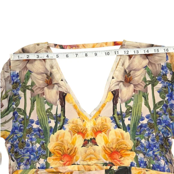 Uli Herzner Silk Floral Yellow Blue Long Baloon Sleeve V-neck Maxi Dress S/M - Picture 5 of 8